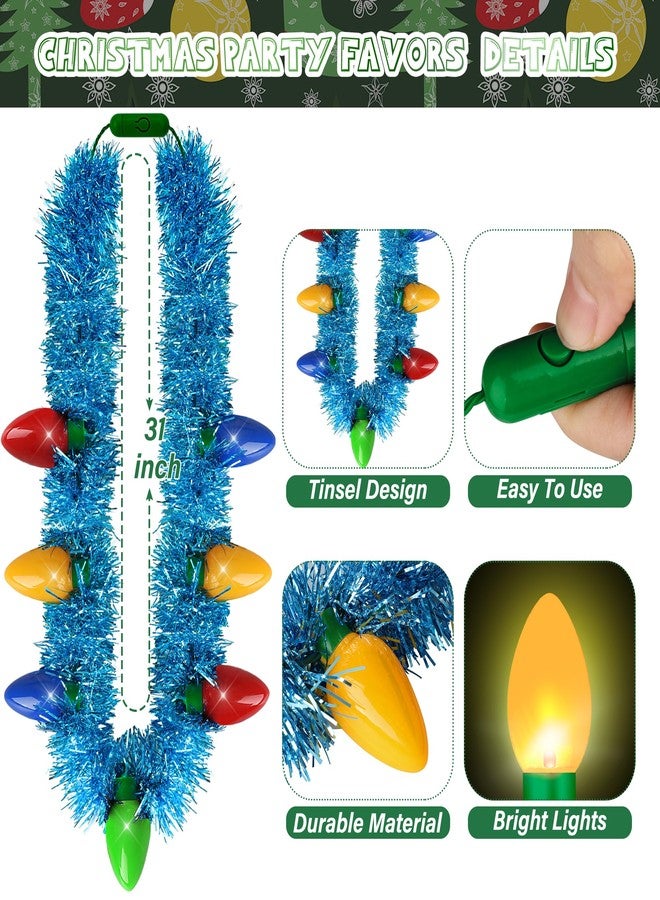 EOBOH Light up Christmas Necklace, 4PCS Tinsel Christmas Necklaces Accessories, 7 Bulb Xmas Red Yellow Blue Green Silver Necklaces Party Supplies, 3 Modes Necklace Accessories for Xmas Ugly Sweater New Year - Image 2